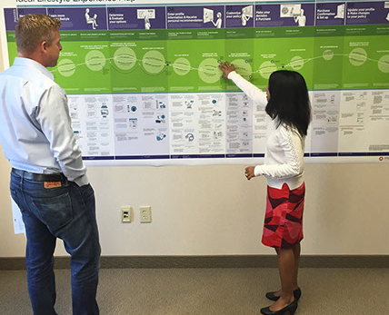 Monica Weiler using a journey map to explain a new insurance experience 
